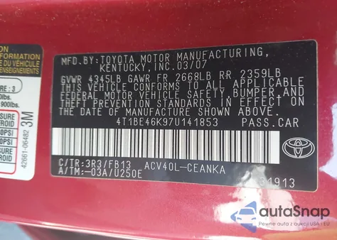 2007 Toyota Camry Le z USA, uszkodzony, nr VIN 4T1BE46K97U141853